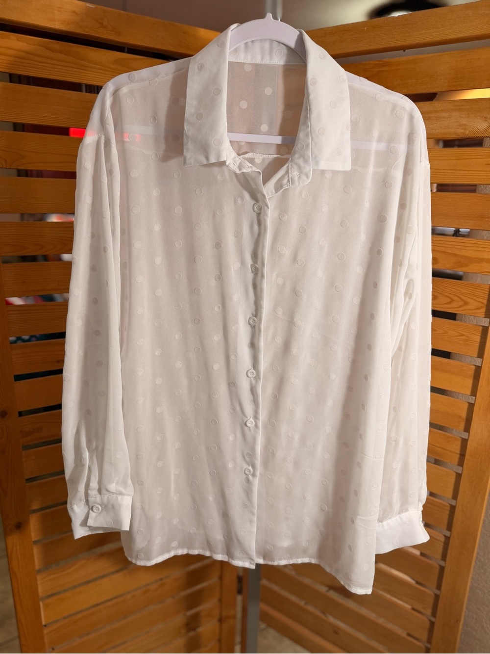 Women's White Textured Dot Button-Up Blouse